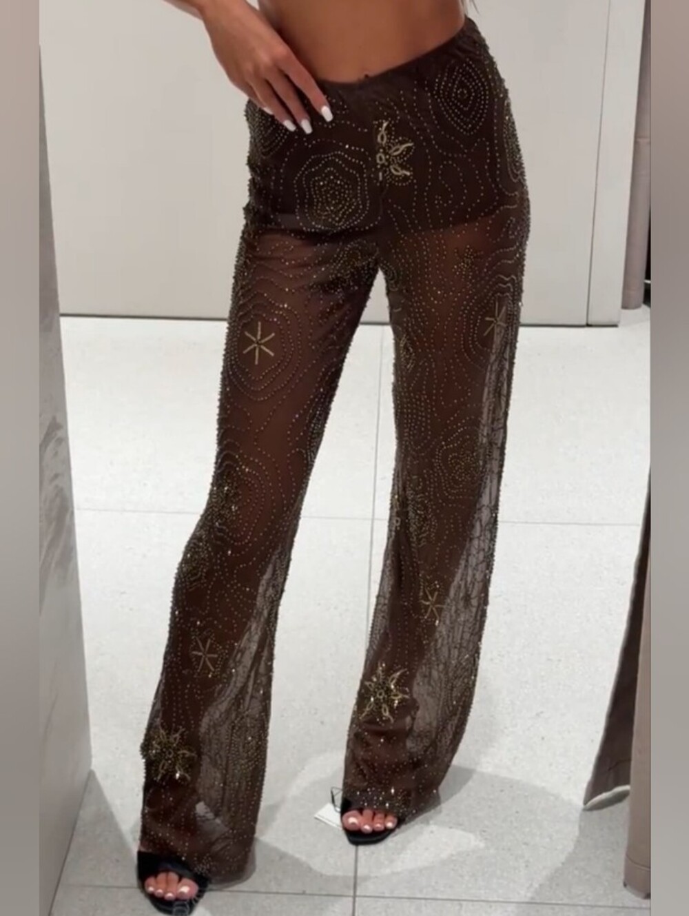 Women's Pants Spring Summer 2026 Beading Brown Trousers Sequins Translucent